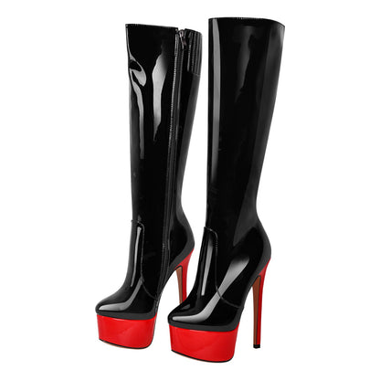 Black Round Toe Stiletto Platform Zipper Boots