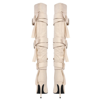 Pointed Toe Buckle Strap Over The Knee Boots