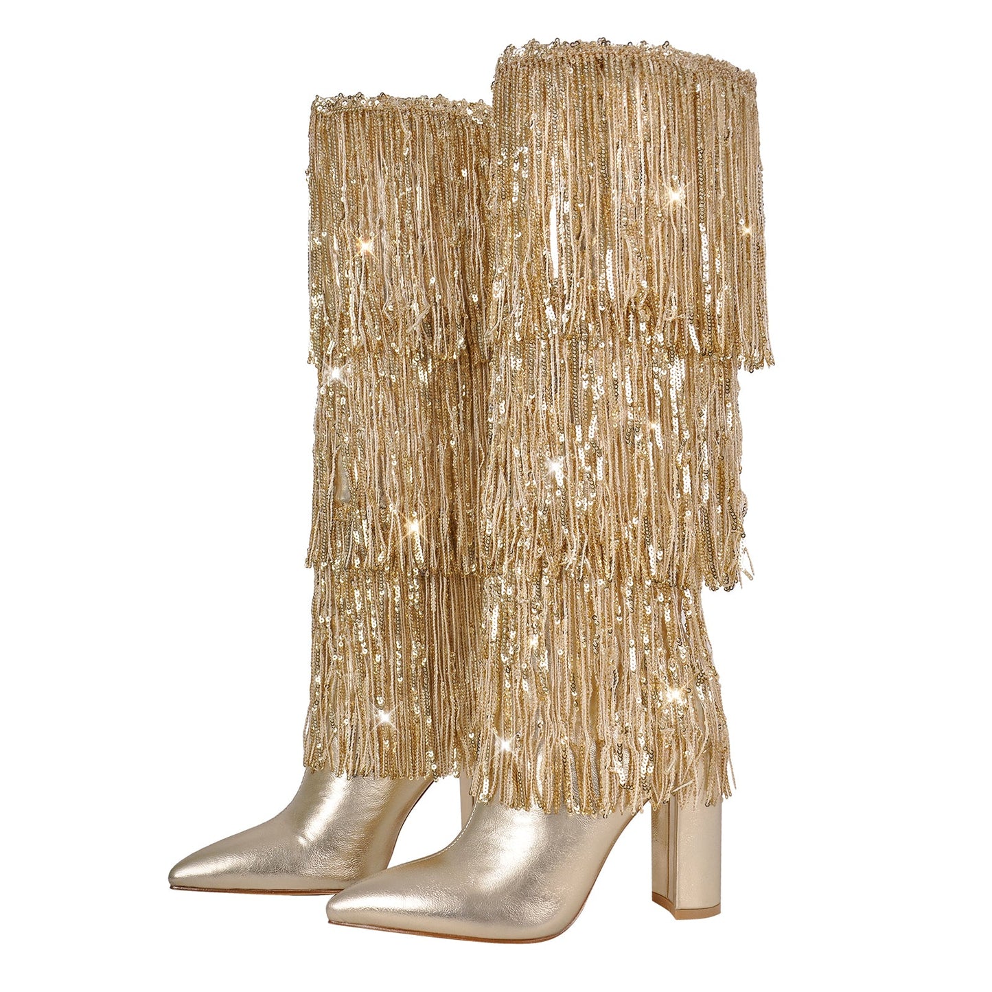 Pointed Toe Chunky Heel Fringe Sequin Boots