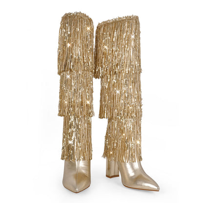 Pointed Toe Chunky Heel Fringe Sequin Boots