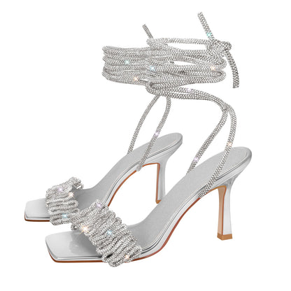 Open Toe Stiletto Rhinestone Lace up Sandals