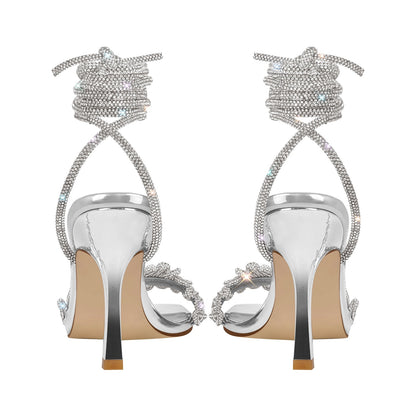 Open Toe Stiletto Rhinestone Lace up Sandals