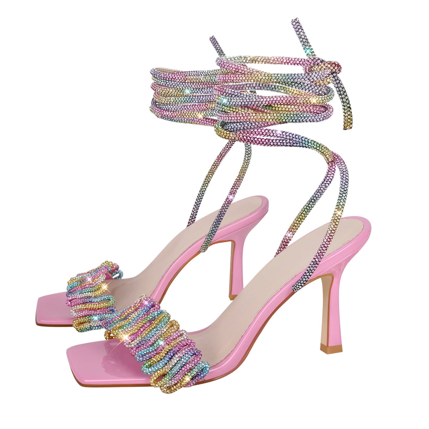 Open Toe Stiletto Rhinestone Lace up Sandals