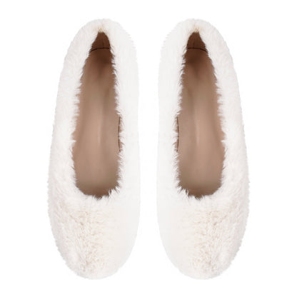 White Fluffy Round Toe Flats