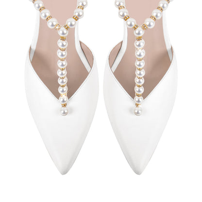 White Pearl Pointed Toe Stiletto Bow Pumps