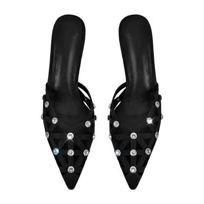 Rhinestone Pointed Toe Hollow Mules Sandals