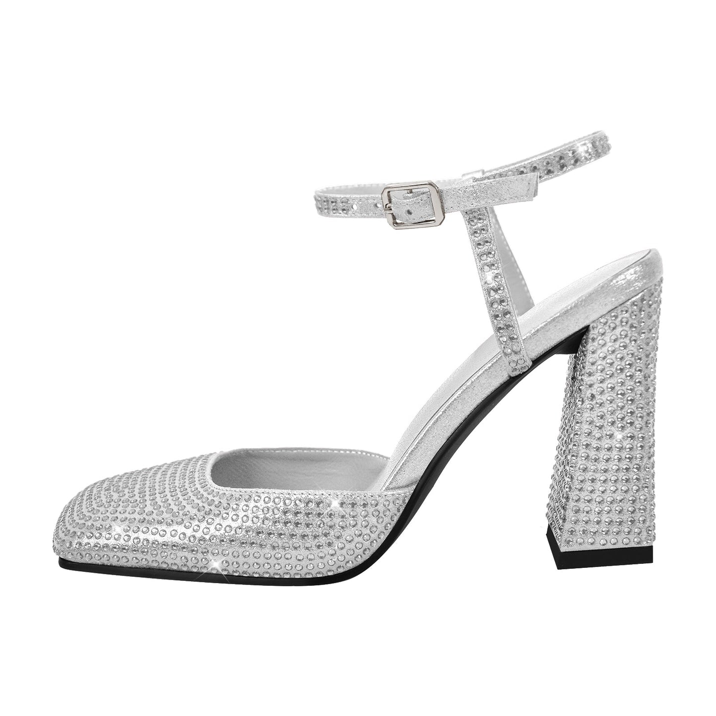 Rhinestone Square Toe Chunky Heel Ankle Strap Pumps