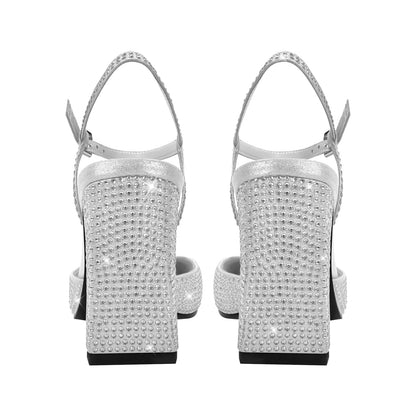 Rhinestone Square Toe Chunky Heel Ankle Strap Pumps