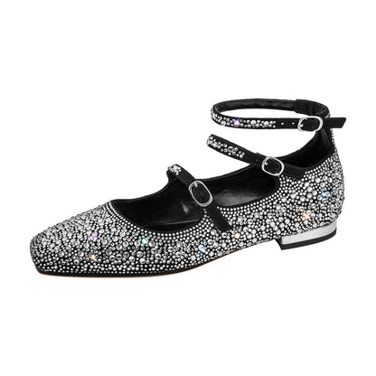 Rhinestone Strap Square Toe Buckle Flats