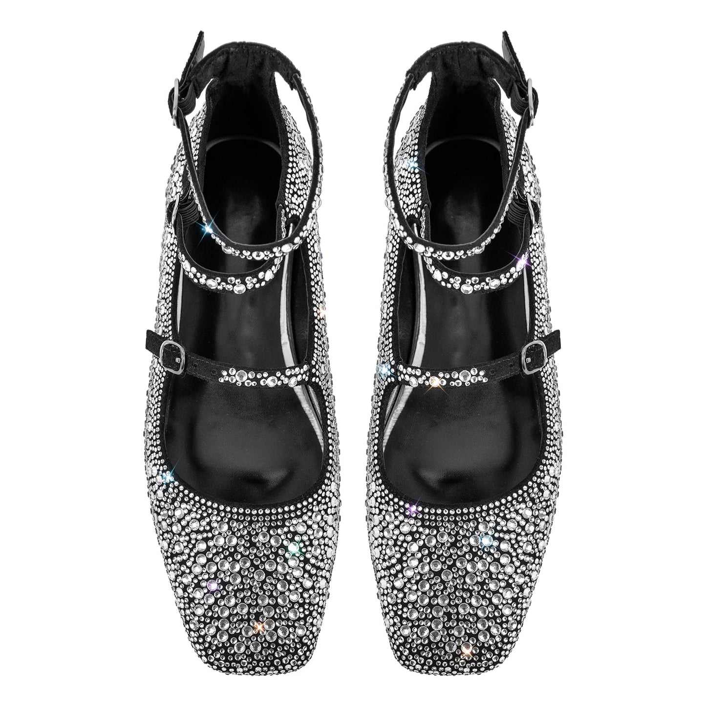 Rhinestone Strap Square Toe Buckle Flats