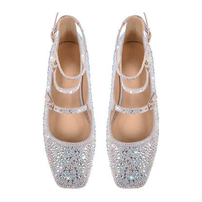 Rhinestone Strap Square Toe Buckle Flats