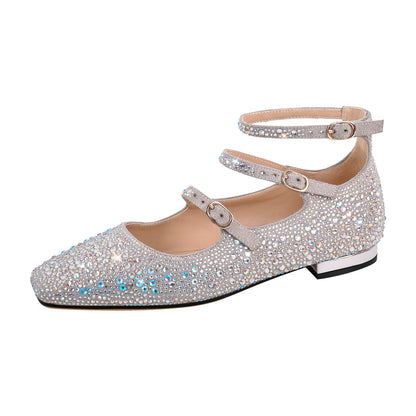 Rhinestone Strap Square Toe Buckle Flats