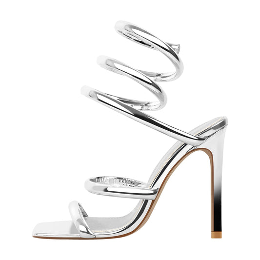 Silver Square Toe Strap Stiletto Sandals