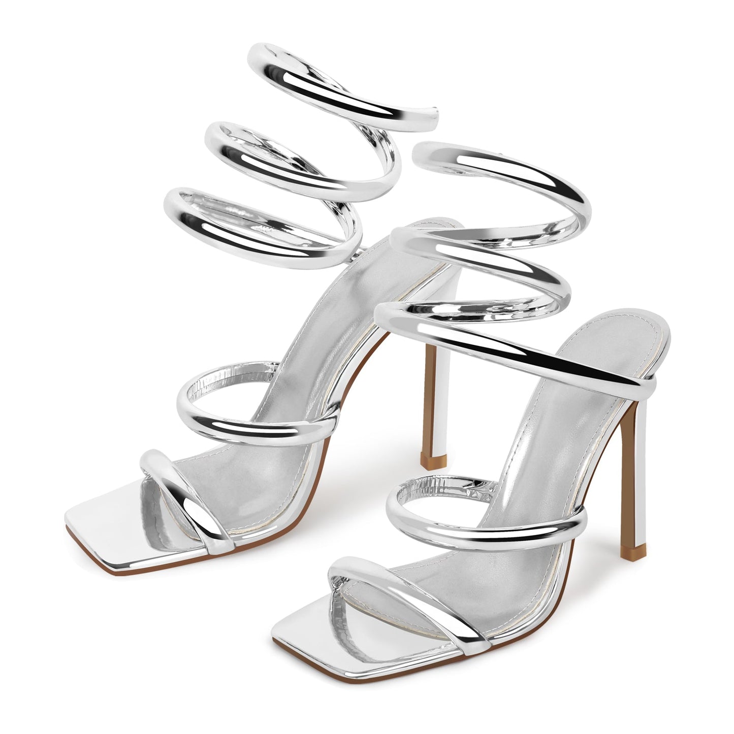 Silver Square Toe Strap Stiletto Sandals