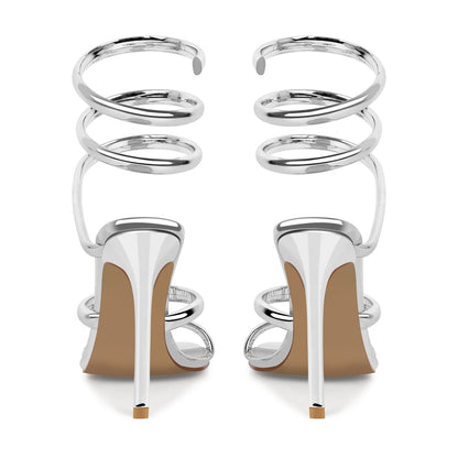 Silver Square Toe Strap Stiletto Sandals