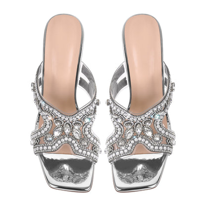 Pearl Rhinestone Square Toe Chunky Heel Sandals