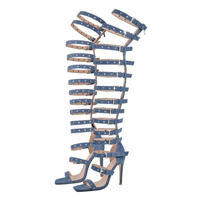 Denim Hollow Buckle Starp Thigh Stiletto Bootie Sandals