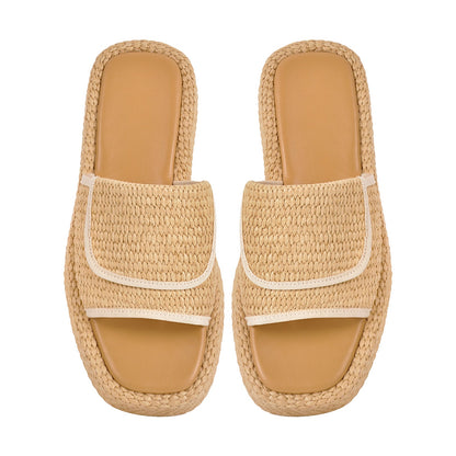 Straw Platform Square Toe Flats Slippers