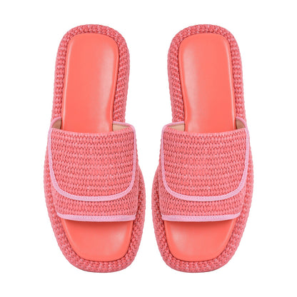 Straw Platform Square Toe Flats Slippers