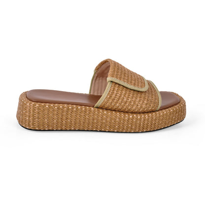 Straw Platform Square Toe Flats Slippers