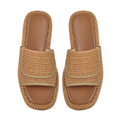 Straw Platform Square Toe Flats Slippers