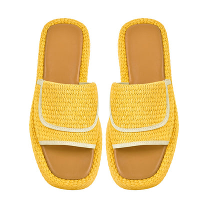 Straw Platform Square Toe Flats Slippers