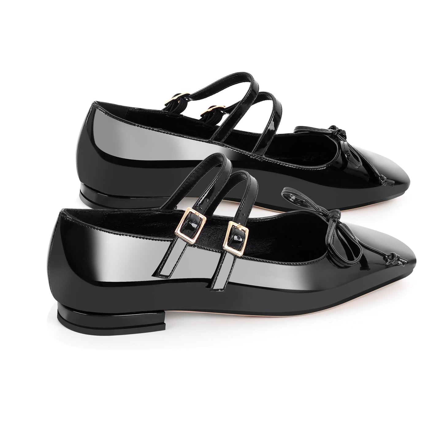 Black Bow Square Toe Buckle Ballet Flats