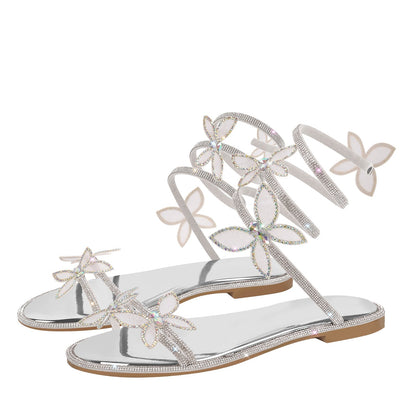 Butterfly Rhinestone Round Toe Strap Flat Sandals