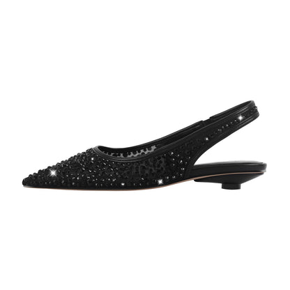 Mesh Round Heel Rhinestone Slingback Flats