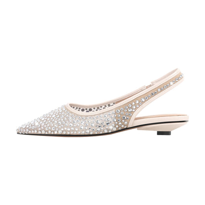 Mesh Round Heel Rhinestone Slingback Flats