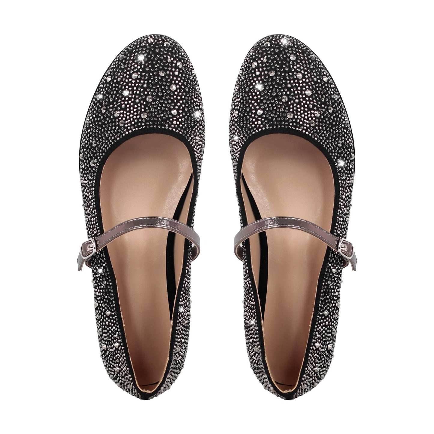 Round Toe Rhinestone Buckle Strap Flats