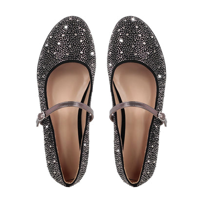 Round Toe Rhinestone Buckle Strap Flats