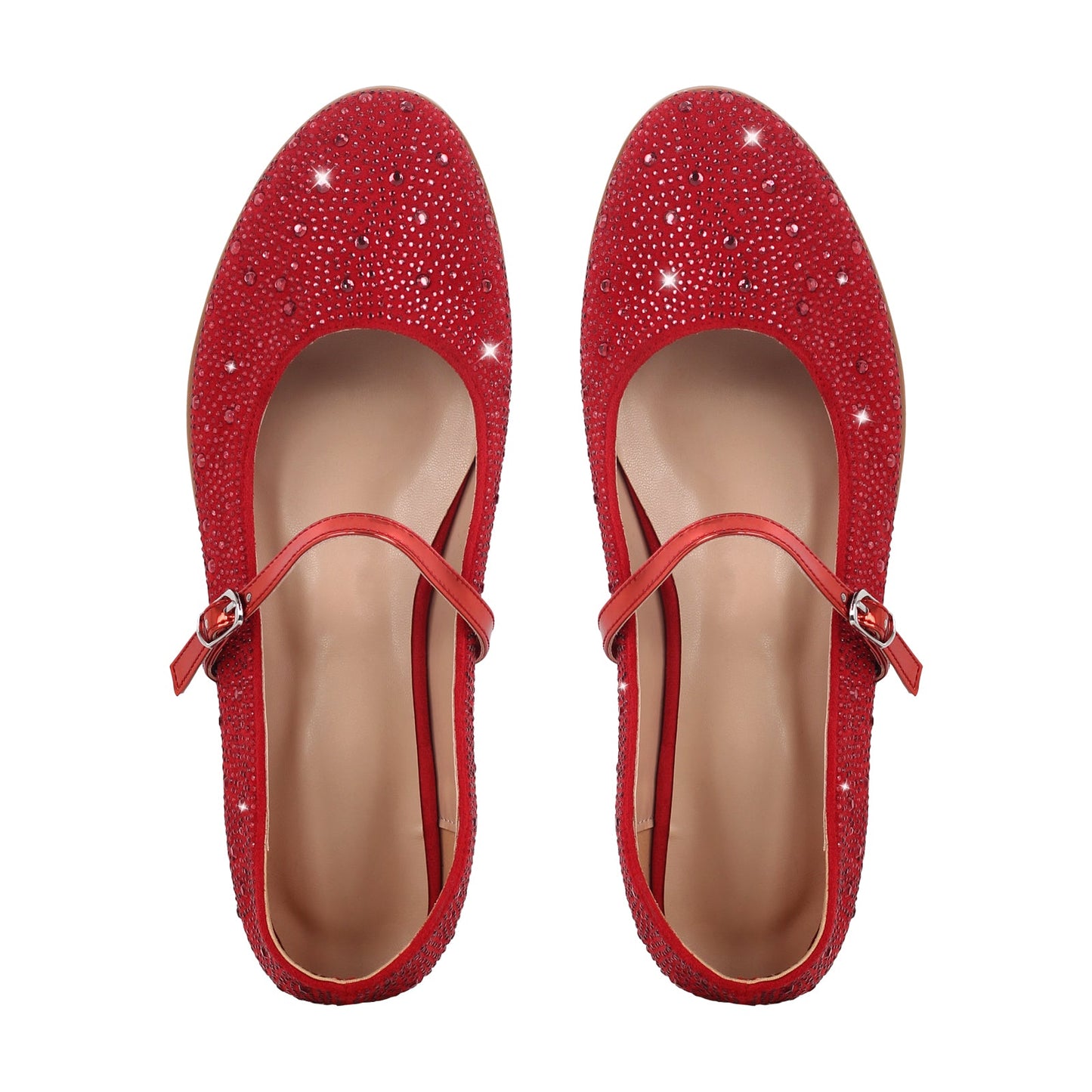 Round Toe Rhinestone Buckle Strap Flats