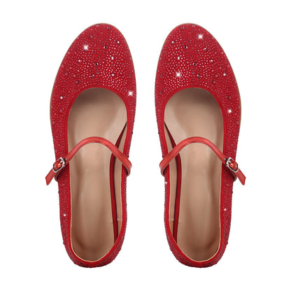 Round Toe Rhinestone Buckle Strap Flats