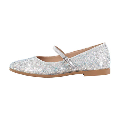 Round Toe Rhinestone Buckle Strap Flats