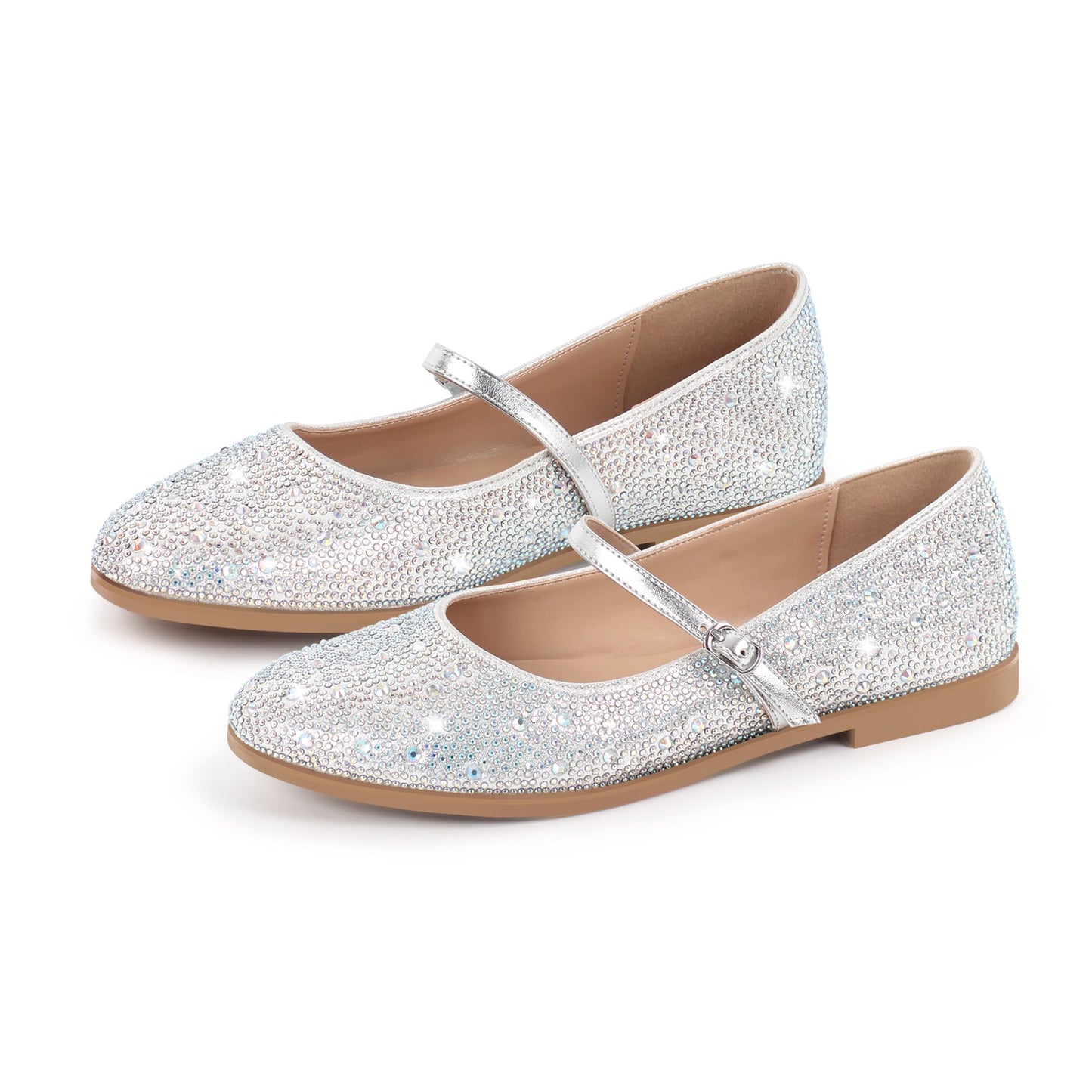 Round Toe Rhinestone Buckle Strap Flats