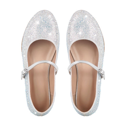 Round Toe Rhinestone Buckle Strap Flats