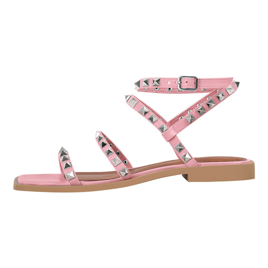 Rivet Square Toe Ankle Strap Flat Sandals