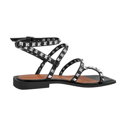 Rivet Square Toe Ankle Strap Flat Sandals