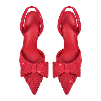 Suede Bow Rhinestone Slingback Stiletto Pumps