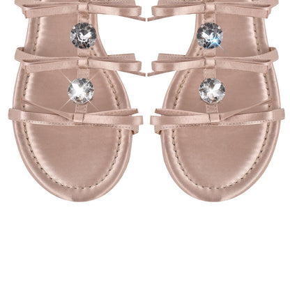 Bow Diamond T-Strap Round Toe Flat Sandals