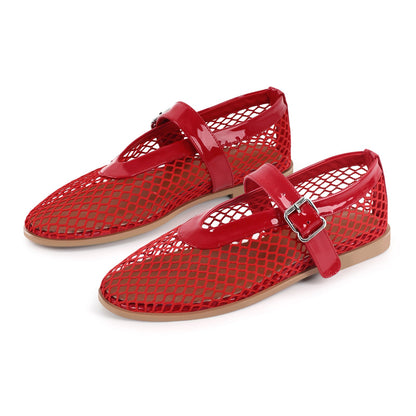 Round Toe Mesh Buckle Strap Ballet Flats