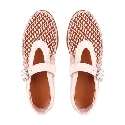 Round Toe Mesh Buckle Strap Ballet Flats