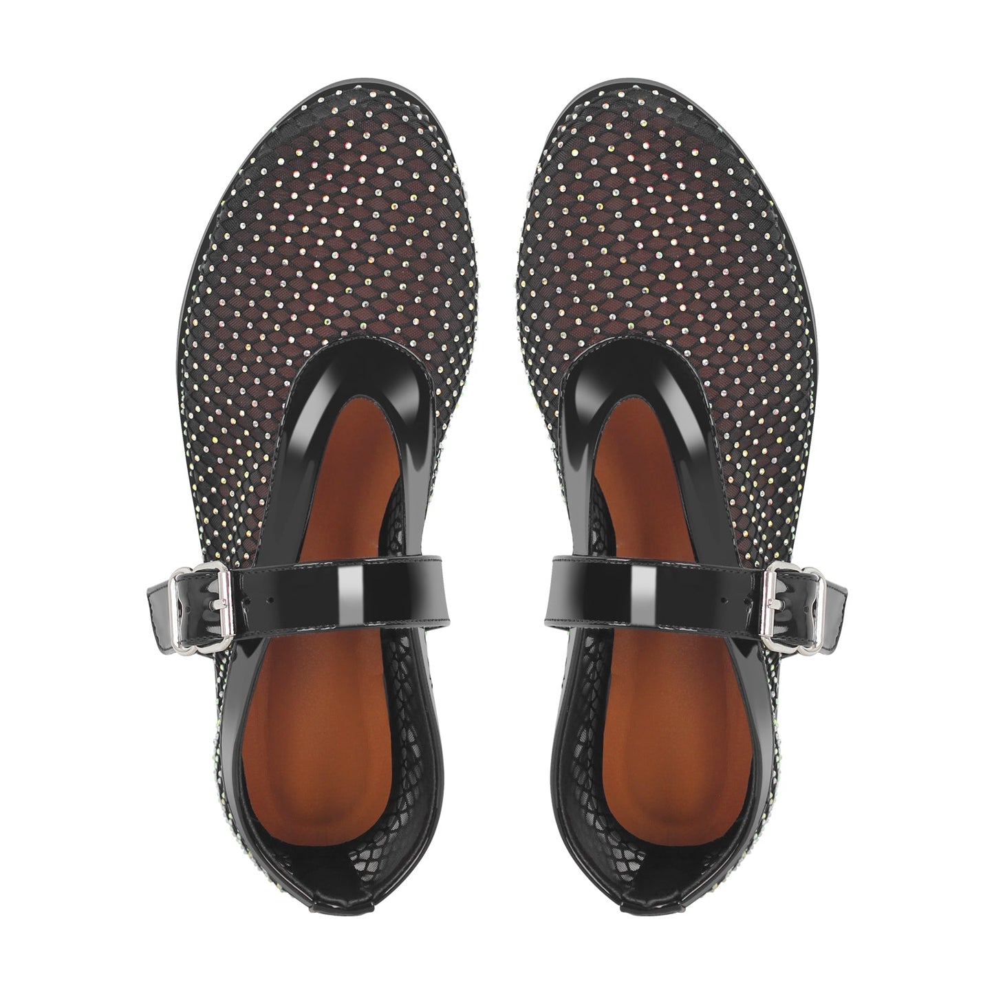 Black Mesh Rhinestone Bukle Strap Flats