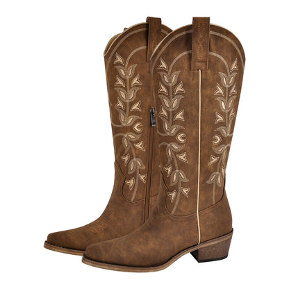 Knee High Embroidery Zipper Western Boots