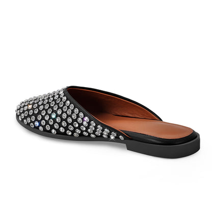 Round Toe Rhinestone Mule Flats