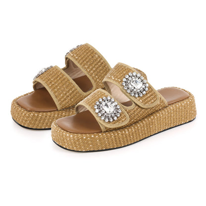 Rhinestone Square Toe Straw Platform Slippers