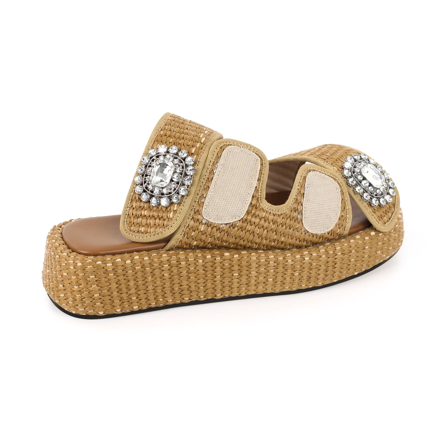 Rhinestone Square Toe Straw Platform Slippers