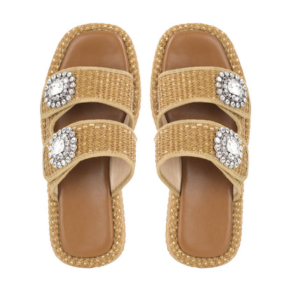 Rhinestone Square Toe Straw Platform Slippers