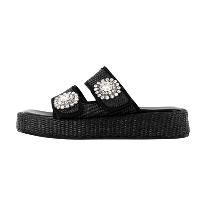 Rhinestone Square Toe Straw Platform Slippers